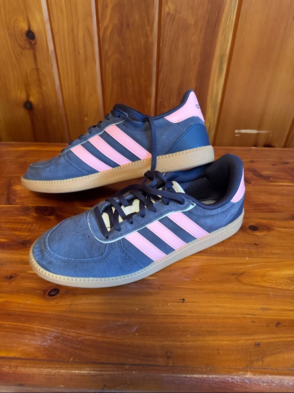 adidas Navy Suede Sneakers with Pink Stripes and Gum Sole